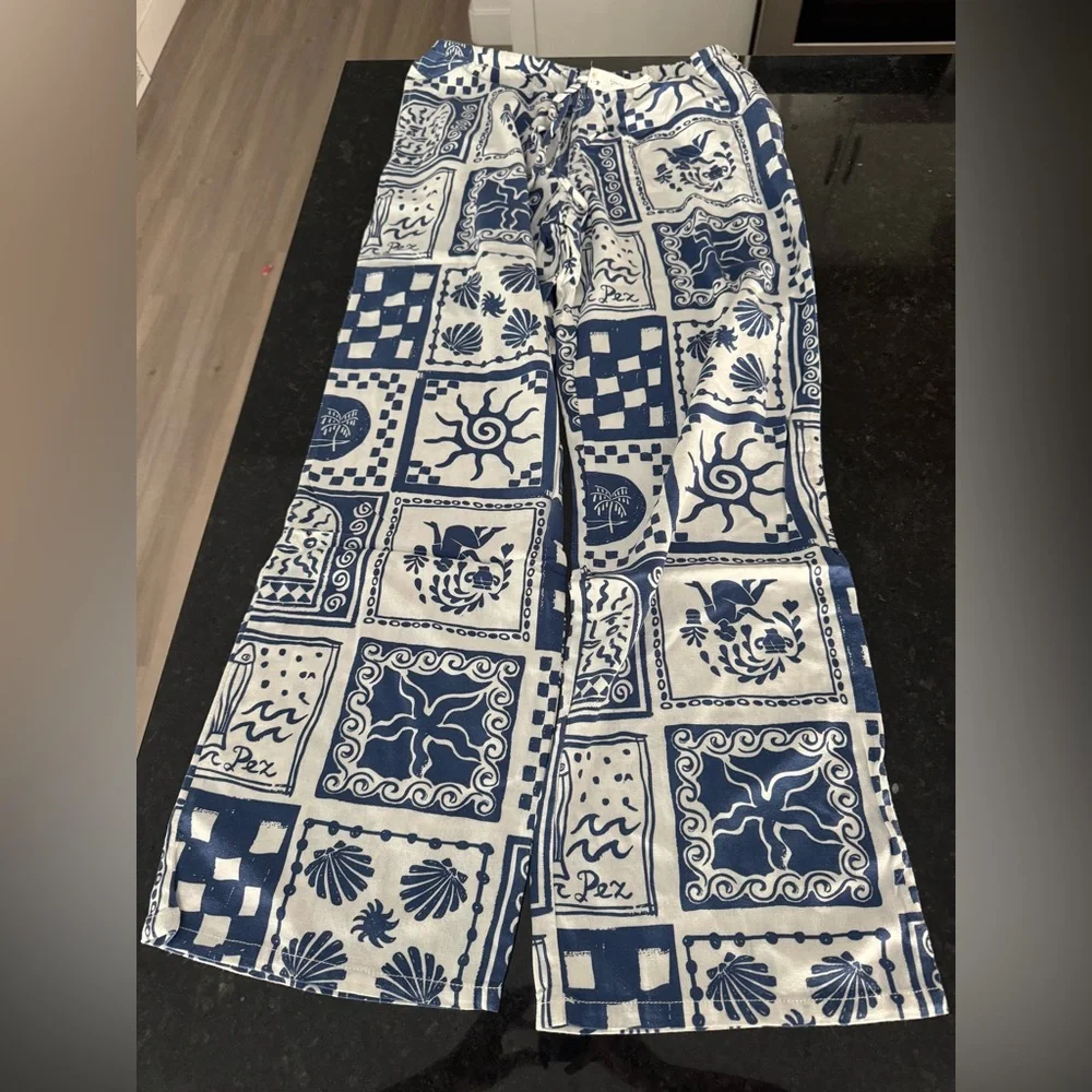 Cali1850 Grecian Printed Linen Pull On Drawstring Beach Pants Large NWT - Picture 3 of 8